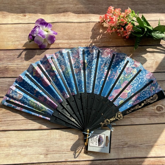 💋 Fold Fan Gold Glitter Lace Asian hand fan blue - Picture 4 of 4